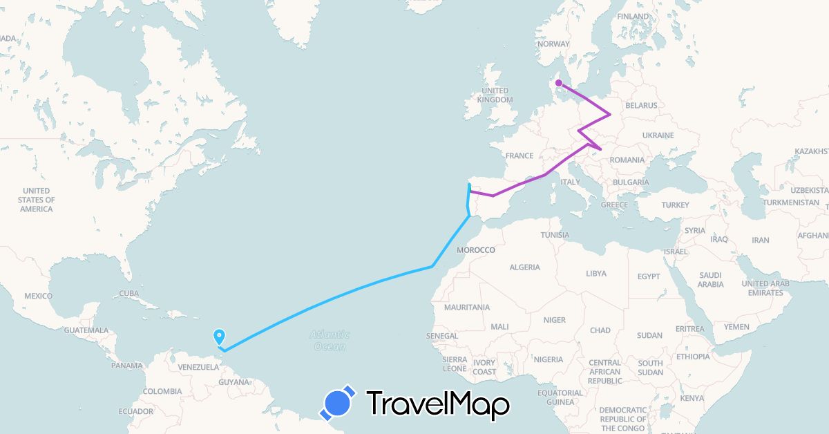 TravelMap itinerary: driving, bus, train, boat in Austria, Czech Republic, Denmark, Spain, France, Grenada, Hungary, Poland, Portugal, Trinidad and Tobago (Europe, North America)